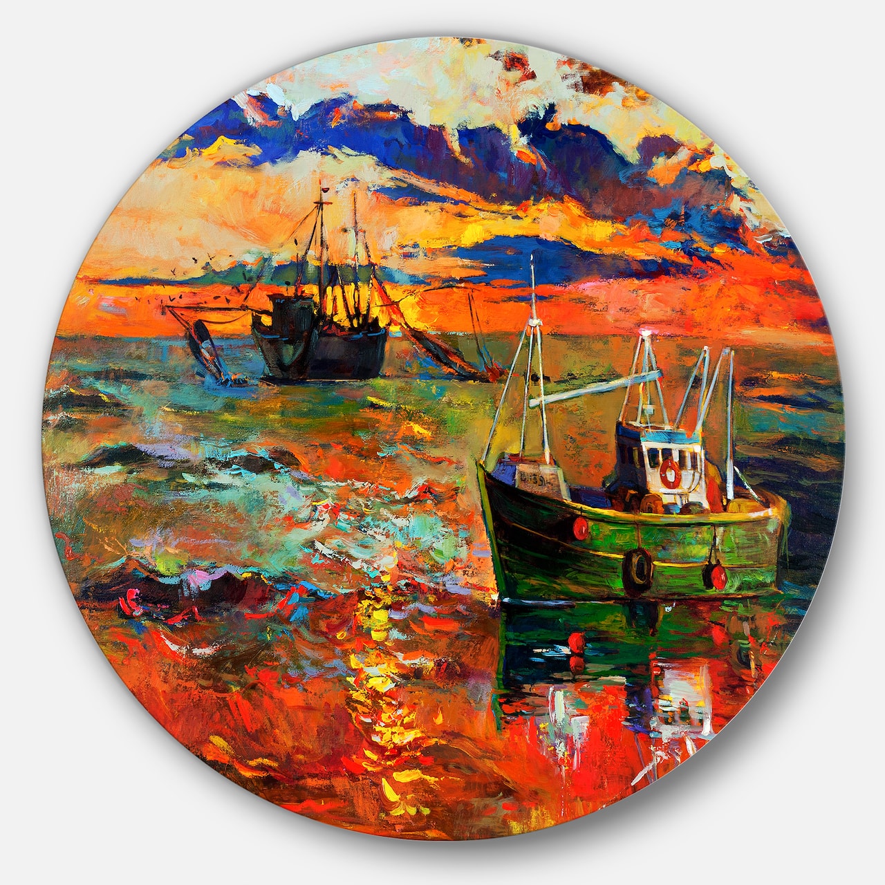 Designart - Colorful Fishing Ships' Seascape Circle Metal Wall Art